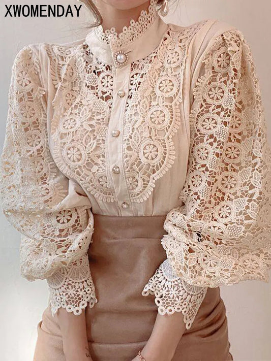 Women Chiffon Button Turtleneck Shirt Chic Elegant Floral Lace Fluffy Long Sleeve Top