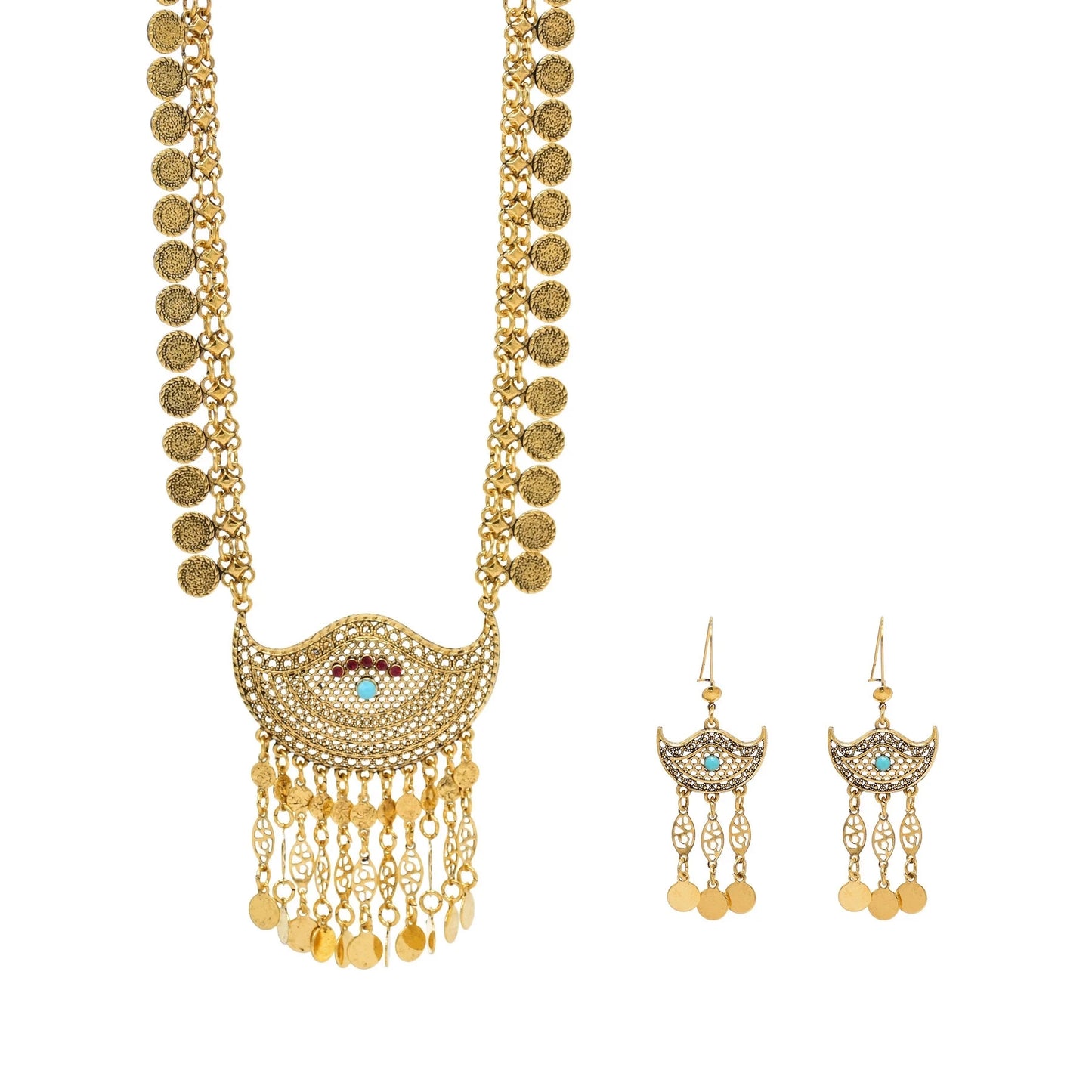 Charms Golden Women Jewelry Sets Bohemian Ethnic Tassel Coins Pendant Necklace Sets Statement Indian Moon Earrings 2 Piece Sets - Hiron Store