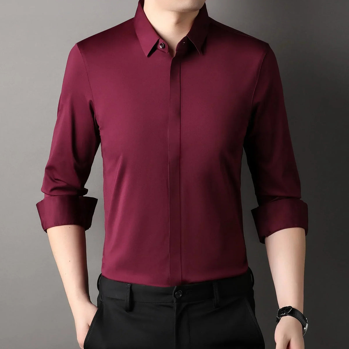 High end Mulberry Silk Dress Shirts, Business  Men Wrinkle Resistant, Button Invisible Elastic Tops, Luxurious Male  Clothing