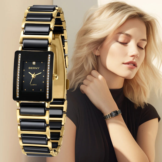 Quartz Watch Rectangle Men/Women Wristwatch Bracelet Luxury Diamond Gold Couple Watches