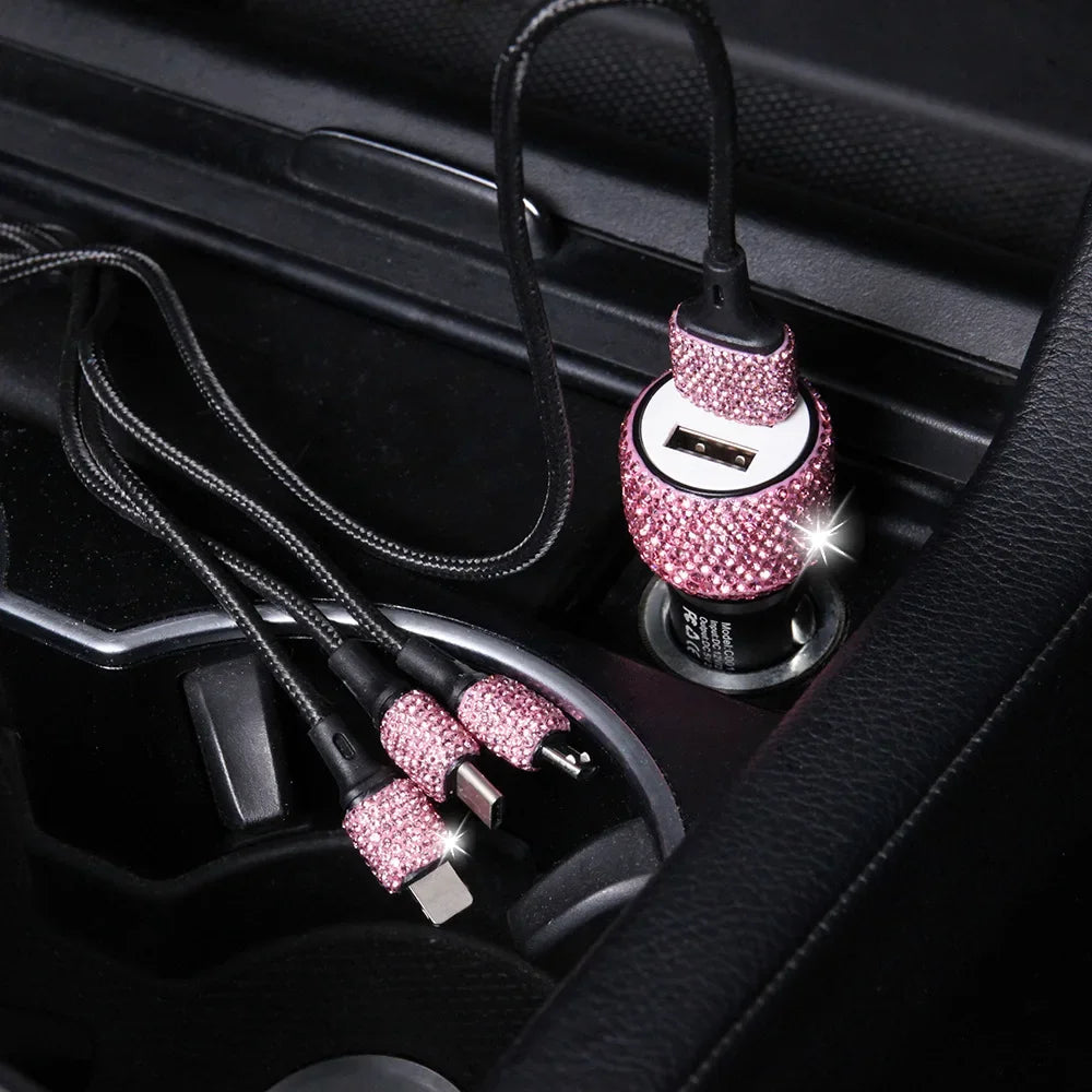 USB Car Charger 5V 2.1A Dual Port Fast Adapter Pink Styling Diamond Car Accessories