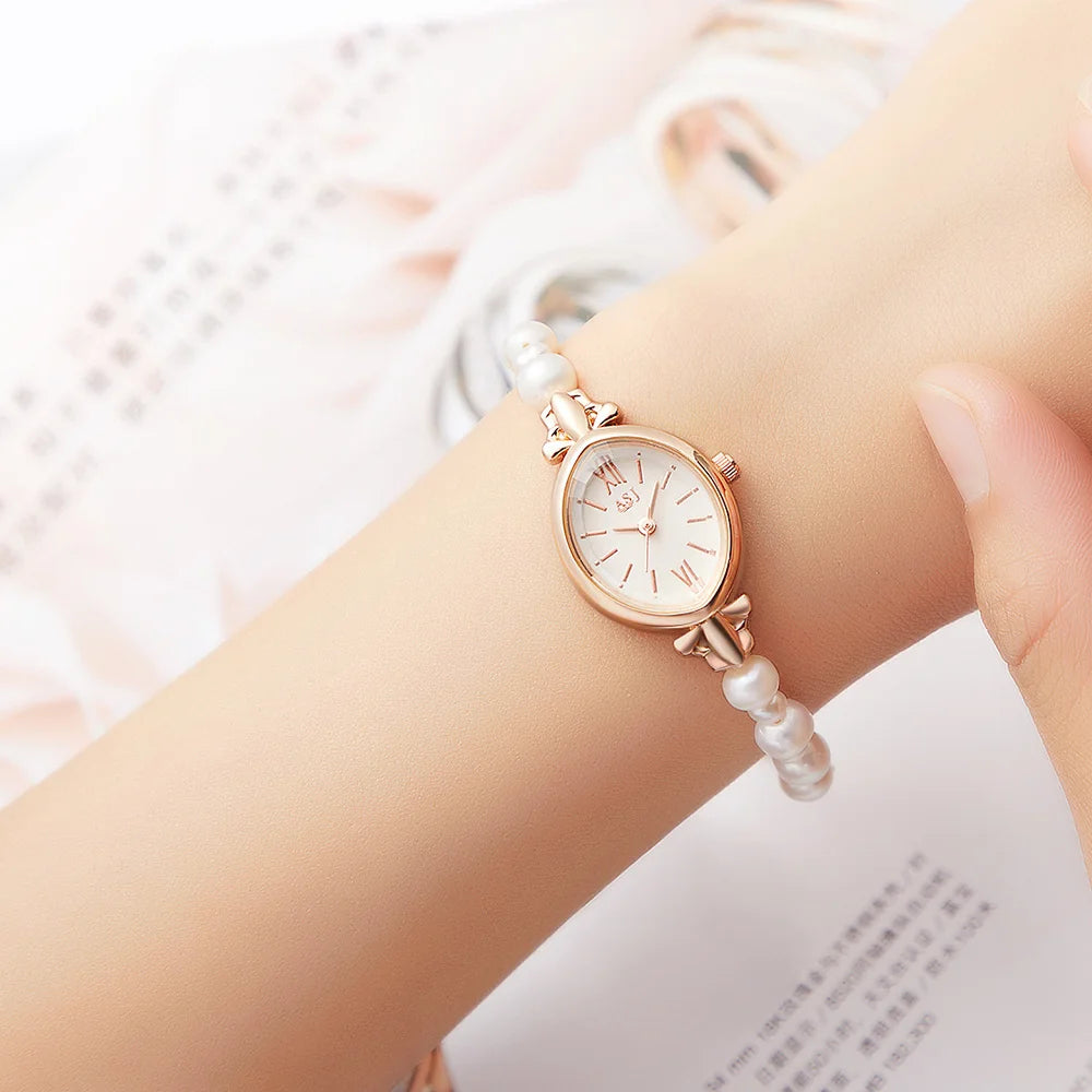 Casual Pointer Quartz Watch Elegant  Watch & 1pc Natural Freshwater Pearls Bracelet for Women Her