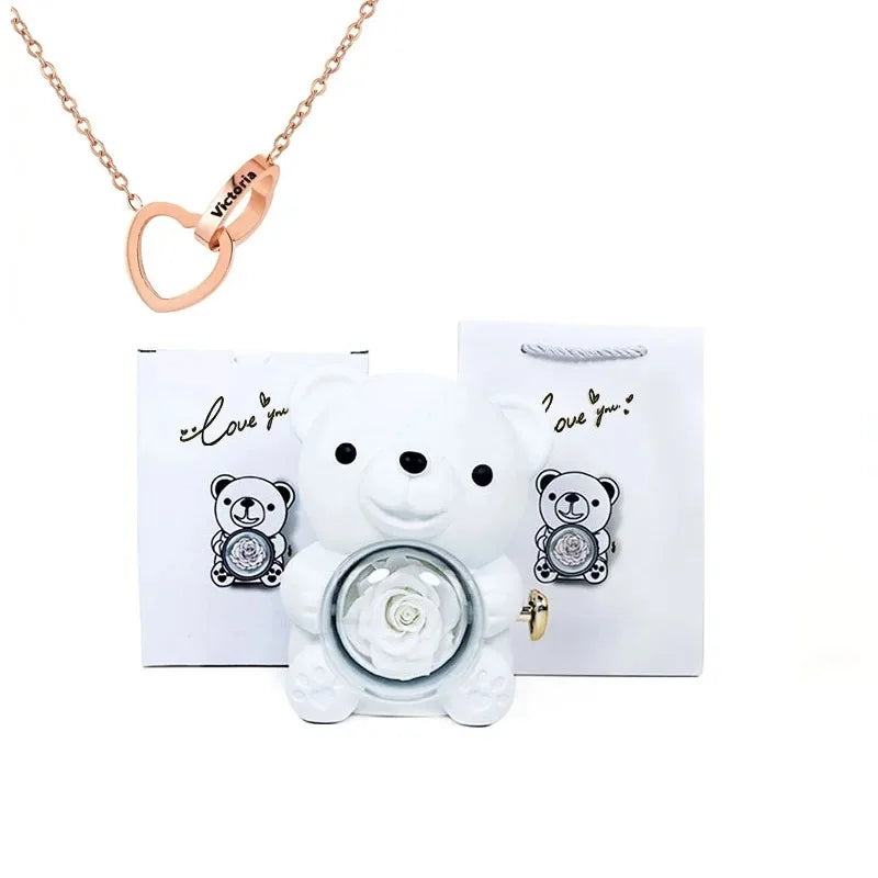 Eternal Rose Teddy Bear Gifts Box with Necklace Rotate Rose Jewelry Box