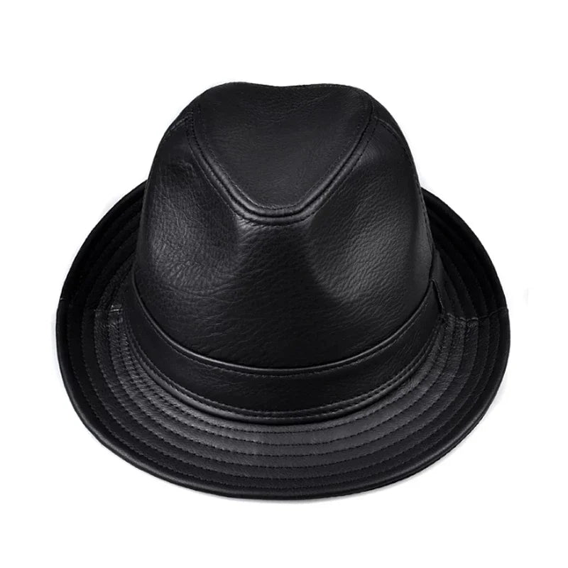 Man High Quality Genuine Leather Formal Hat Jazz Gentleman Cow Skin Short Black/Brown Top Hat