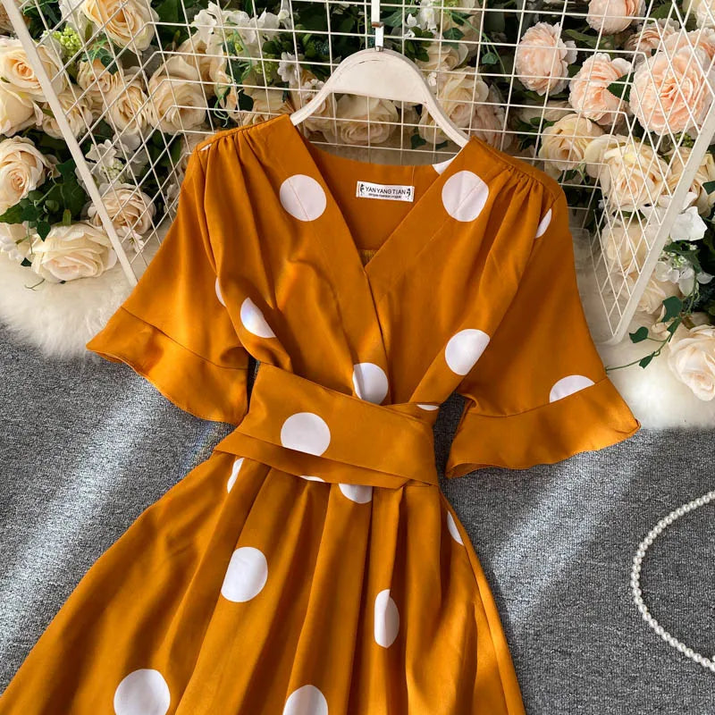 YuooMuoo Chic Fashion Polka Dot Print Women Dress 2024 New Summer Elegant Vintage Bandage Slim Waist Big Swing Long Party Dress - Hiron Store