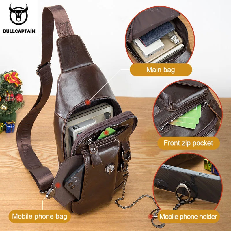 Genuine Leather Men's Chest Bag Shoulder Messenger Bags Chest Fashion Brand Multifunctional Mobile Phone Bag's