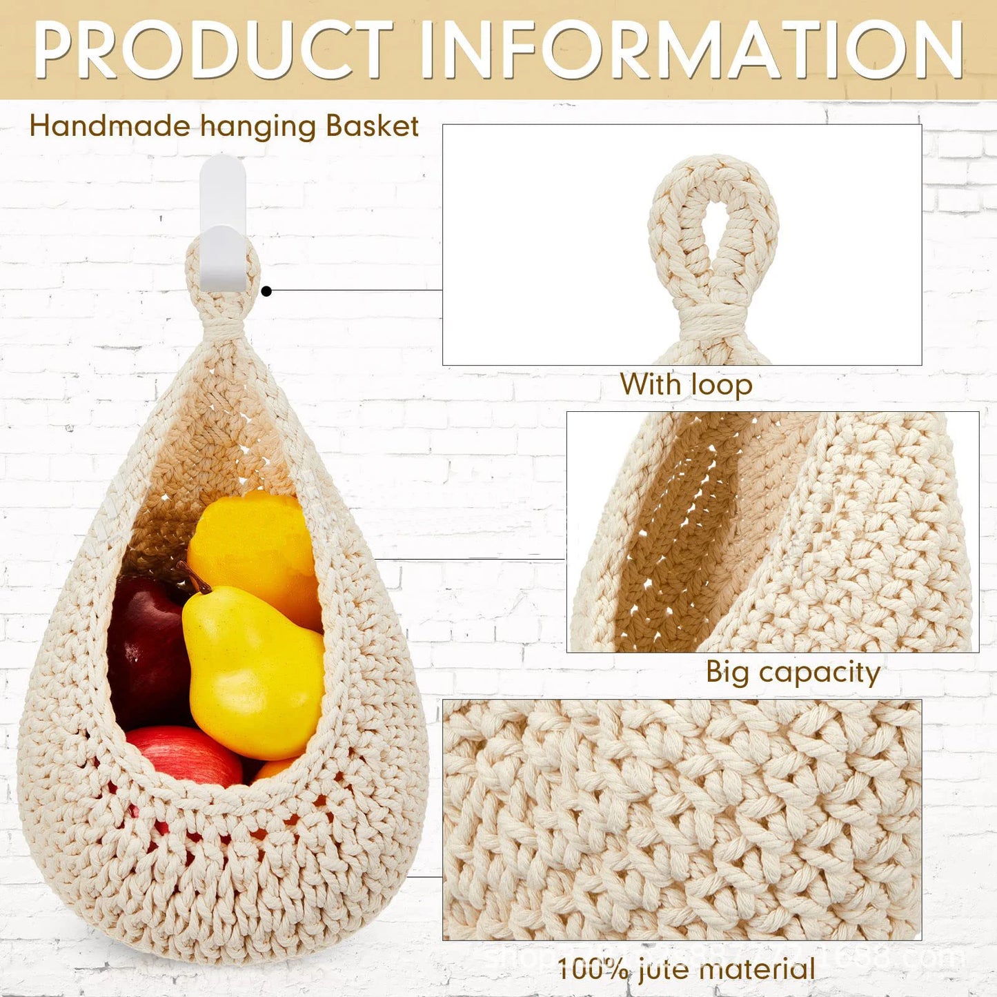 Woven Cotton Hanging Basket Hollow Out Macrame Flower Planter Pineapple Shape Vegetable Fruit Basket Kitchen Garden Storage Sup - Hiron Store