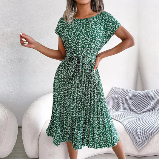 Women Spring Summer Short Sleeve High Waist Chic Dress Fashion Floral Pleated A Line Long Dress - Hiron Store