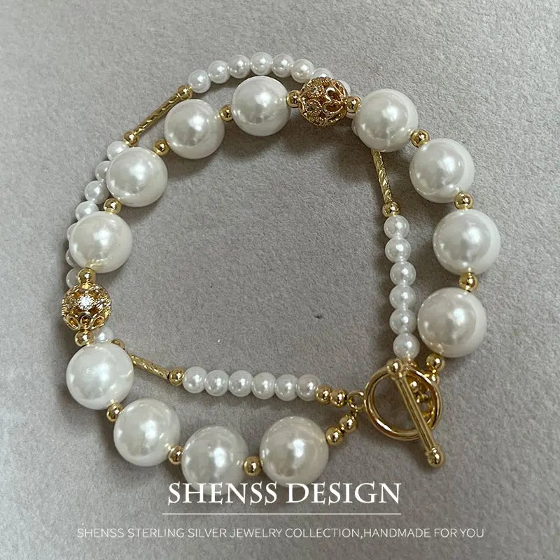 Double layer imitation pearl copper plated 14k gold-plated bracelet