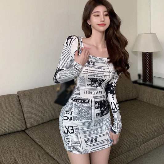 Women Fashion Dress Newspaper Print Square Collar Casual Sexy Slim Long Sleeve Dress - Hiron Store