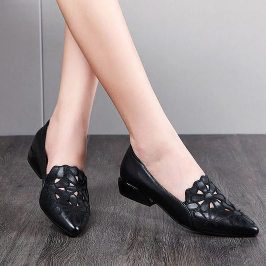 Shoes for Women Embroidery Breathable Square Heel Loafers Slip On Pointed Toe Leather Single Shoes