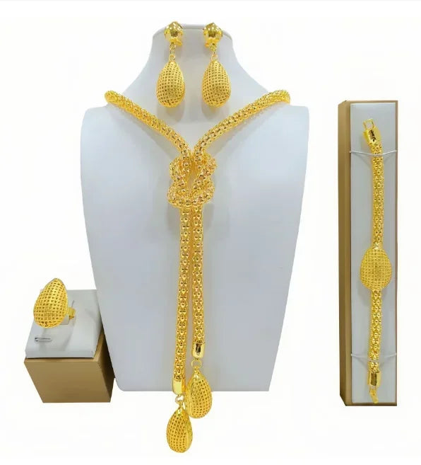 Dubai Jewelry Set For Women Necklace Earrings Indian Thailand Two Piece Set Gold Color