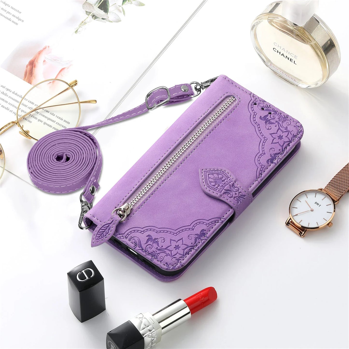 Leather Lanyard Zipper Wallet Cards Case For Samsung Galaxy A55 A15 A14 A24 A34 A54 S23 S24 Ultra S22 S21 Crossbody Cover