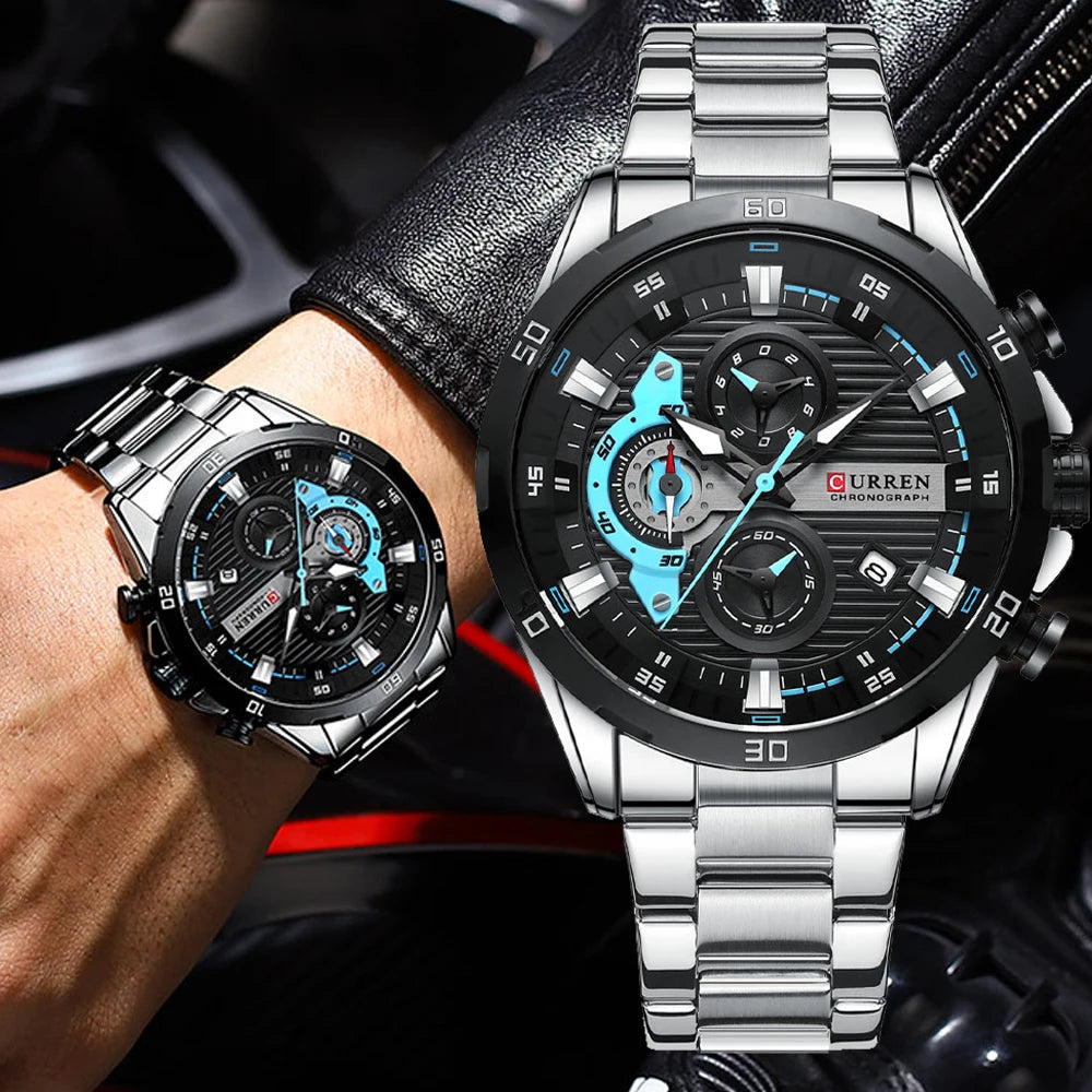 Waterproof Sport Quartz Chronograph Wristwatch Luxury Stainless Steel Clock