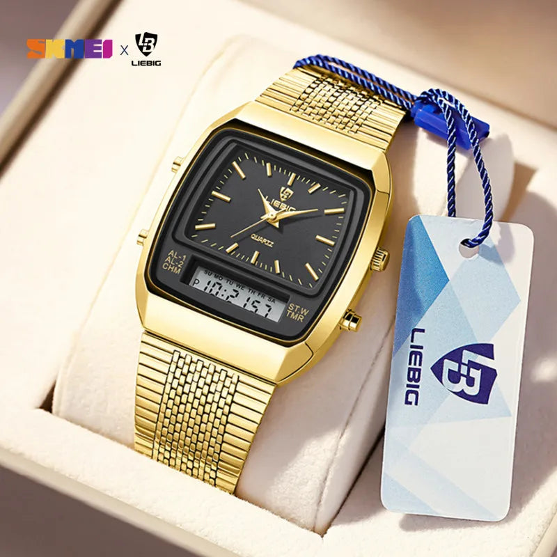 Watch Men Digital Dual Time Week Gold Sport 3bar Waterproof Quartz Wristwatches watch