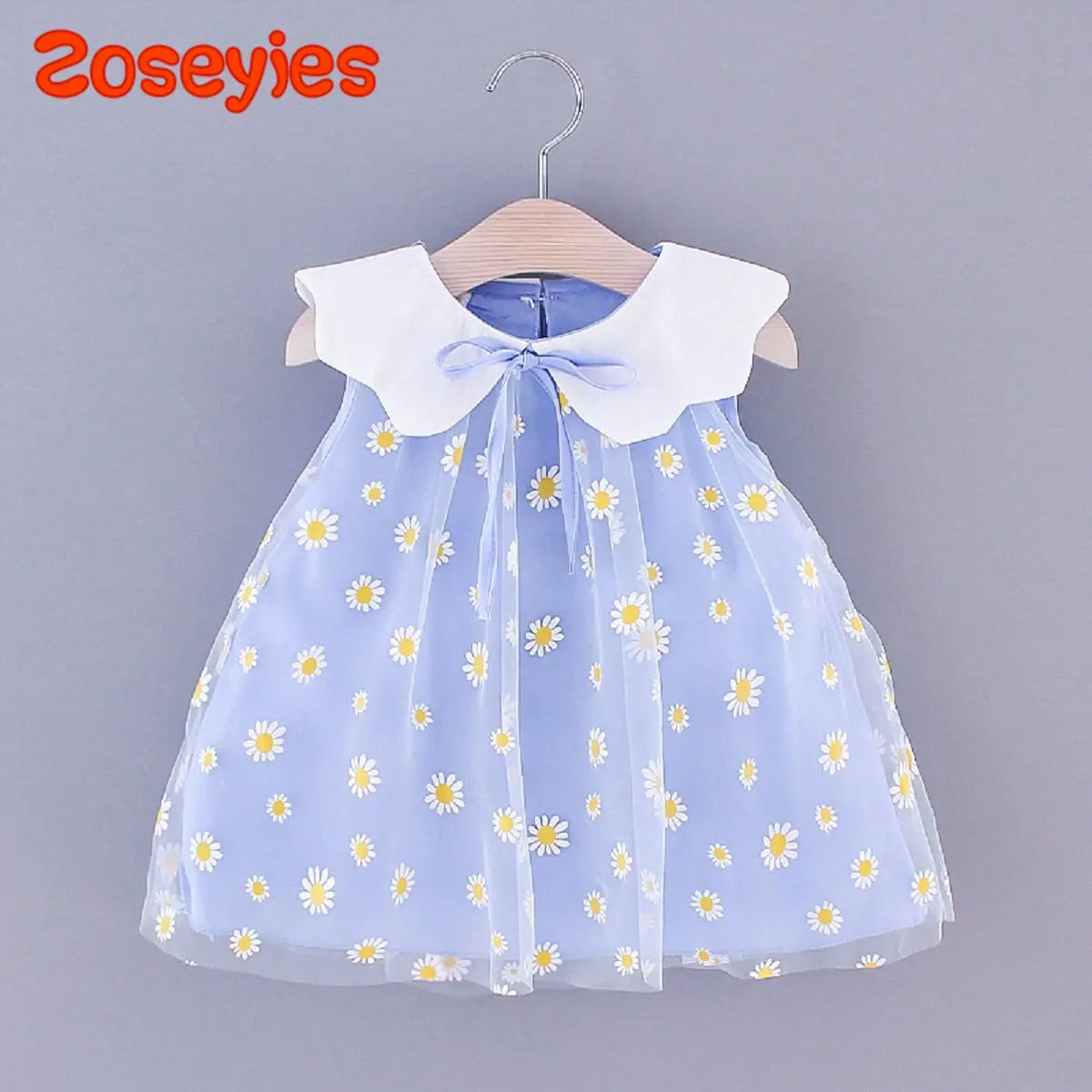 Summer girls' small daisy printing mesh doll collar sleeveless sweet dress