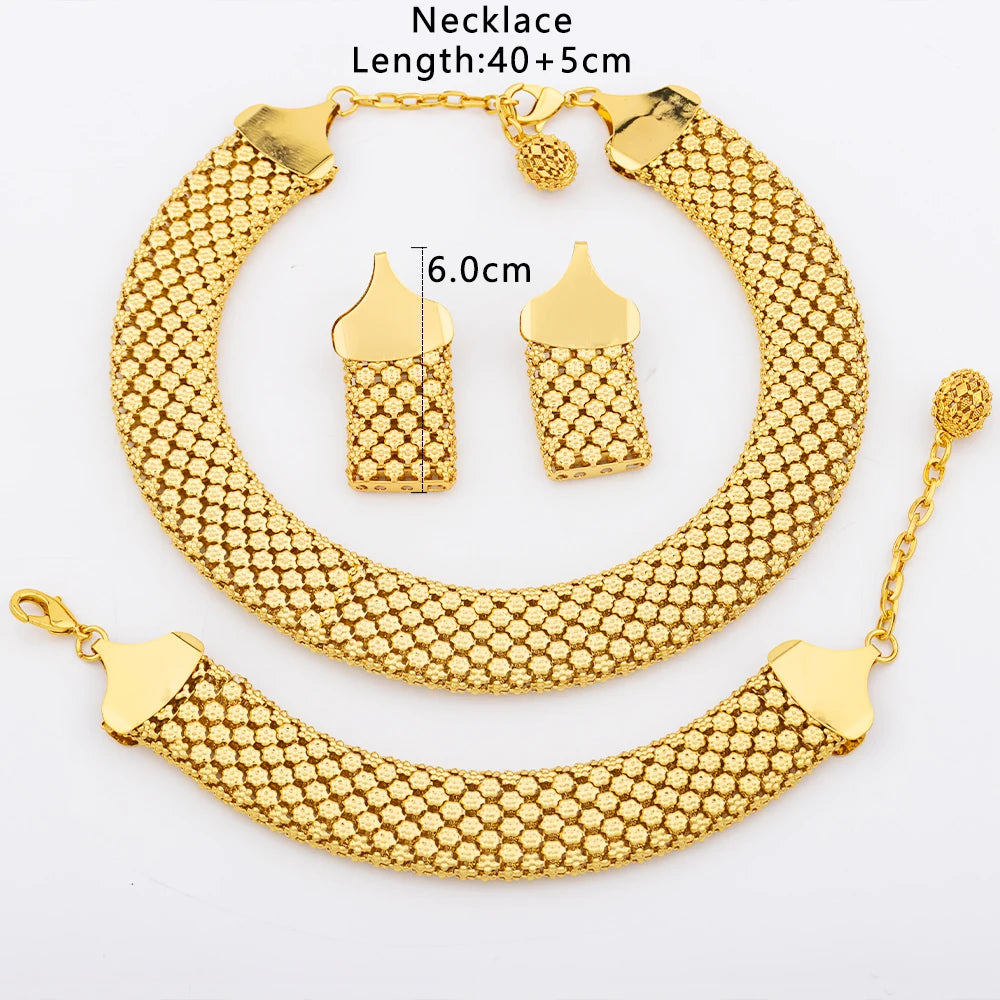 Chunky Necklace Earrings Dubai Gold Plated Bracelet African Fashion 3Pcs Jewellery