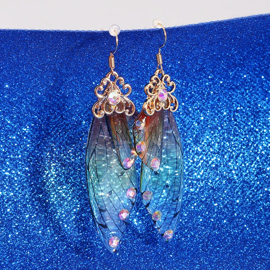 Handmade Fairy Simulation Wing Earrings Insect Butterfly Wing Drop Earrings Foil Rhinestone Earrings Romantic Bridal Jewelry - Hiron Store