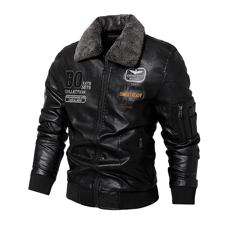 Men's Leather Jacket High-Quality Fur Collar Winter Thick Coat Original Embroidered Men Clothing