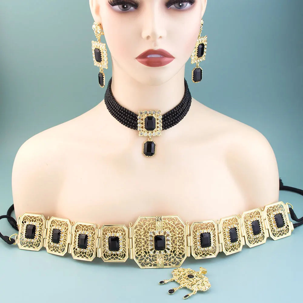 Bridal Jewellery Sets Arab Crystal Caftan Rope Belt Bead Chain Choker Necklace Long Earring Brooch