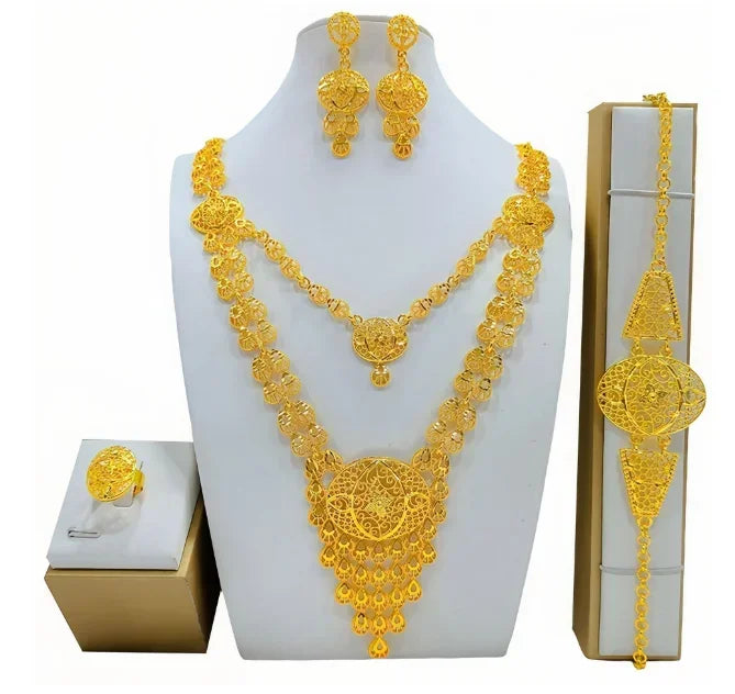 Fashion India Latest Design Jewelry Luxury African Jewelry Necklace Earrings Ring Bracelet Set Dubai Gold Color