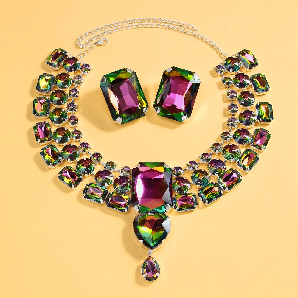 Stonefans Colorful Necklace Earrings Set Chunky Accessories Rhinestone Nigerian Jewelry Set