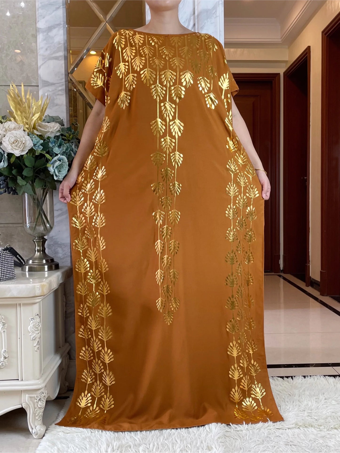 Abaya Short Sleeve Cotton Gold Stamping Loose Lady Maxi Islam African Dress