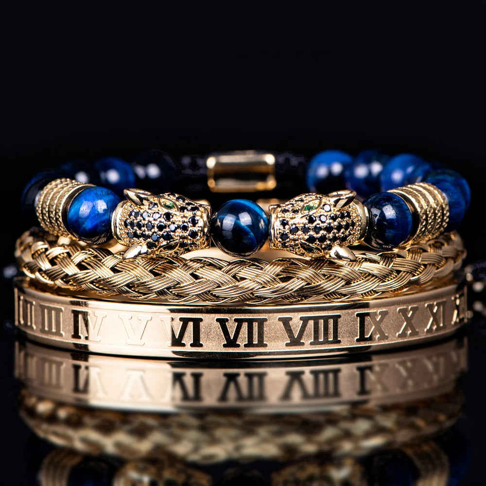 Luxury Set Gold Colour Double Leopard head Handmade Roman Numeral Bracelets Men's Jewellery