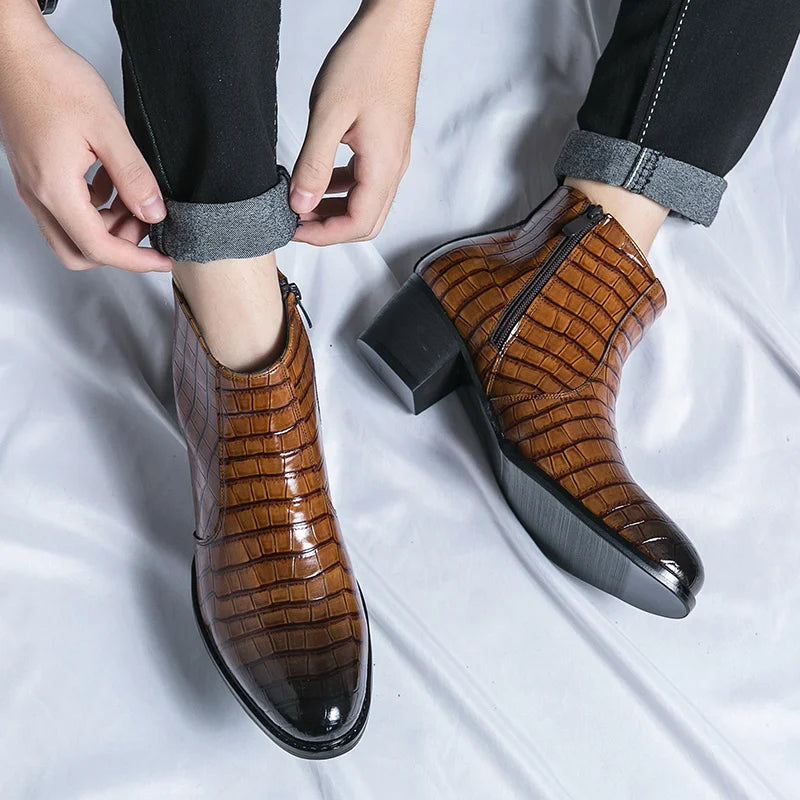 Luxury Leather High Heeled Boots Men Fashion Brown Chelsea  Shoes Business Casual Ankle Boot Men  High Heel Shoe