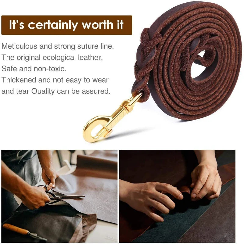 Genuine Leather Dog Leash Dogs Long Leashes Braided Pet Walking Training Leads Brown Black Colours for Medium Large Pet