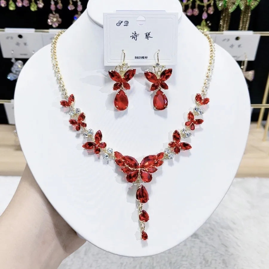 Women Colorful Fashion Zircon Necklace Earrings 2025