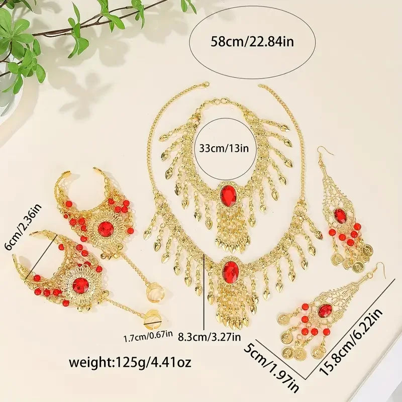 Bollywood Style Red Rhinestone Tassels Headwear+Earrings+Necklaces+Bracelet，Trendy Indian Style Jewelry Set For Women ﻿