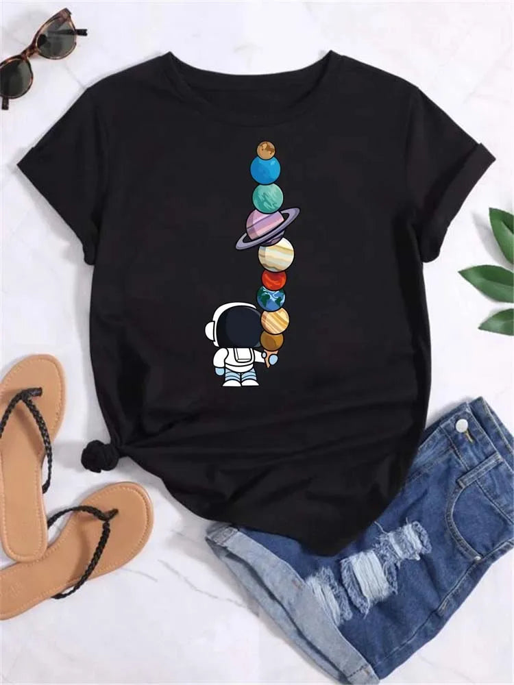 Women Moon Planet Print Round Neck Short Sleeve Streetwear Female T-Shirt  Tops