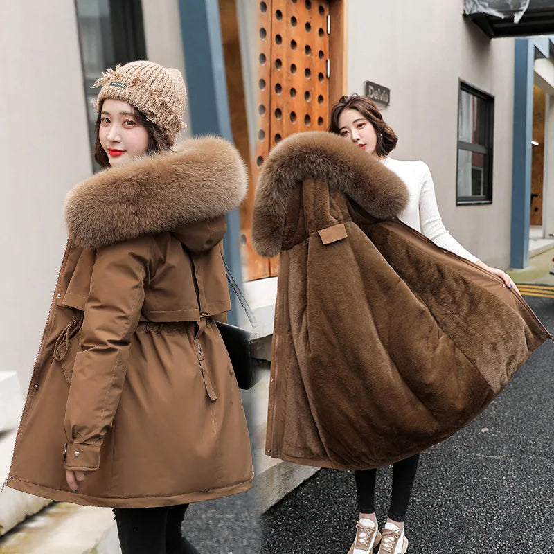 Women Parka Fashion Long Coat Wool Liner Hooded Parkas Winter Jacket Padded Clothes