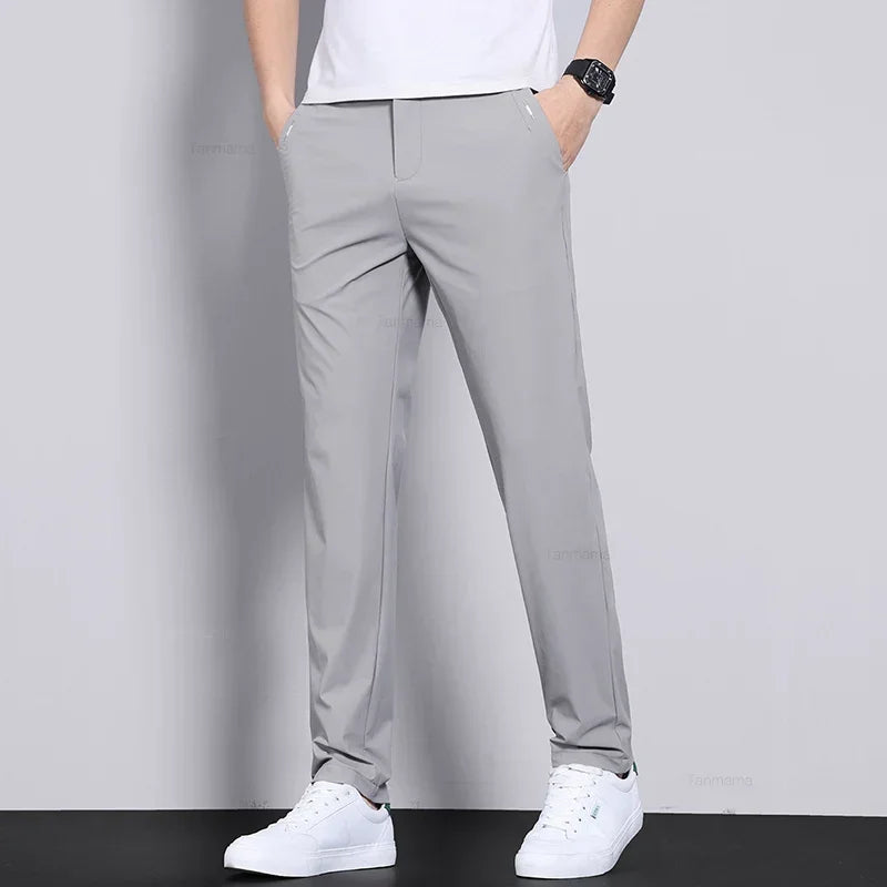 Ultra-thin Elastic Men's Casual Trousers Ice Silk Slim Straight Solid Colour Trousers Black Gary