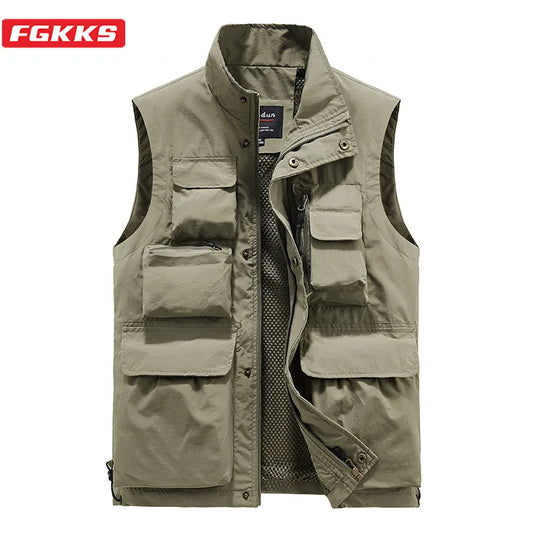 Men Outdoor Multi-Pocket Solid Color Director Reporter Photography Casual Vest Jacket Men's