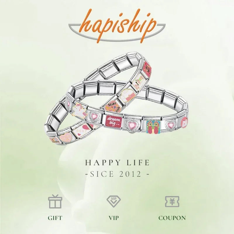 Hapiship New Women's Jewelry 9mm Width Itanlian Elastic Charm  Bracelet Fashion Stainless Steel Bangle