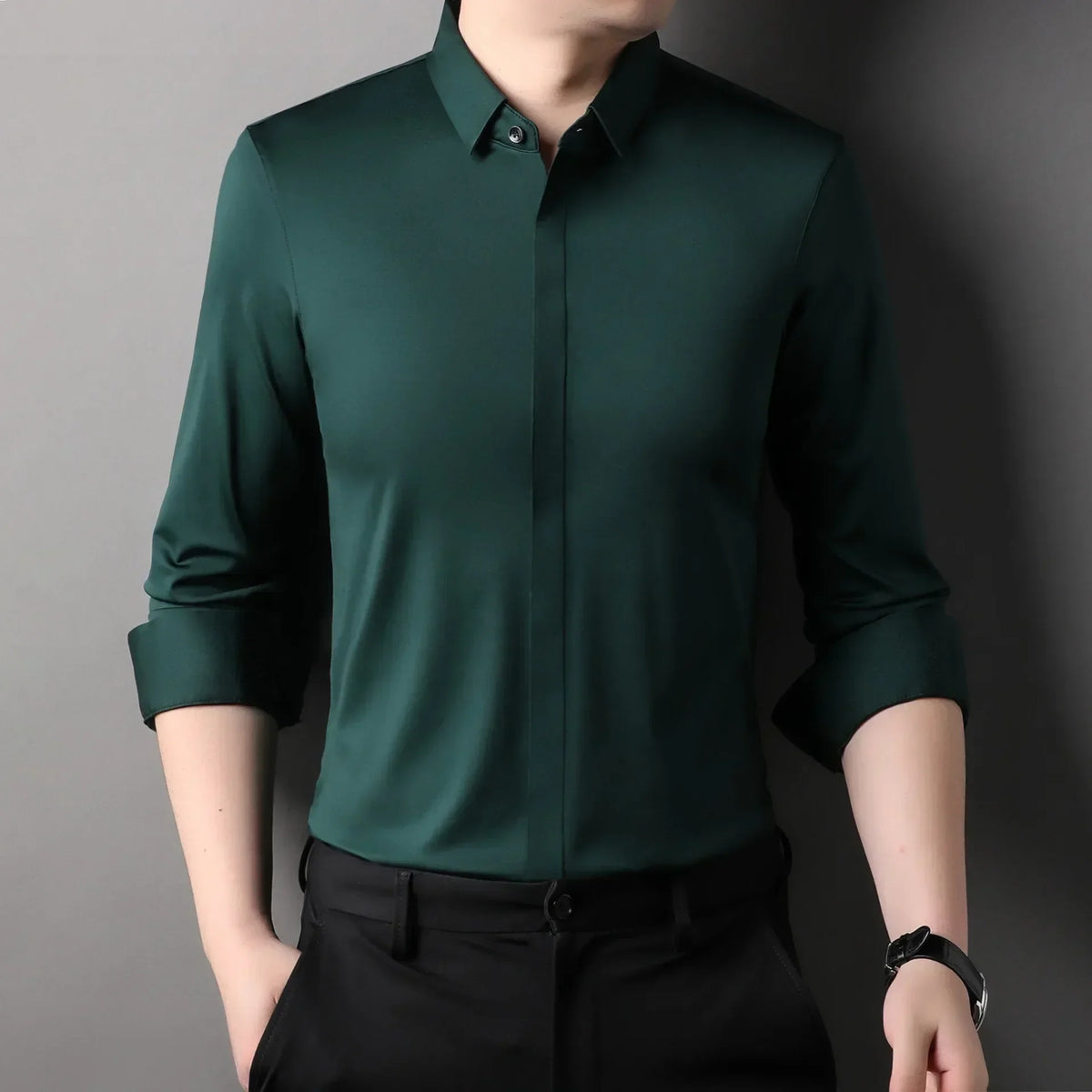 High end Mulberry Silk Dress Shirts, Business  Men Wrinkle Resistant, Button Invisible Elastic Tops, Luxurious Male  Clothing