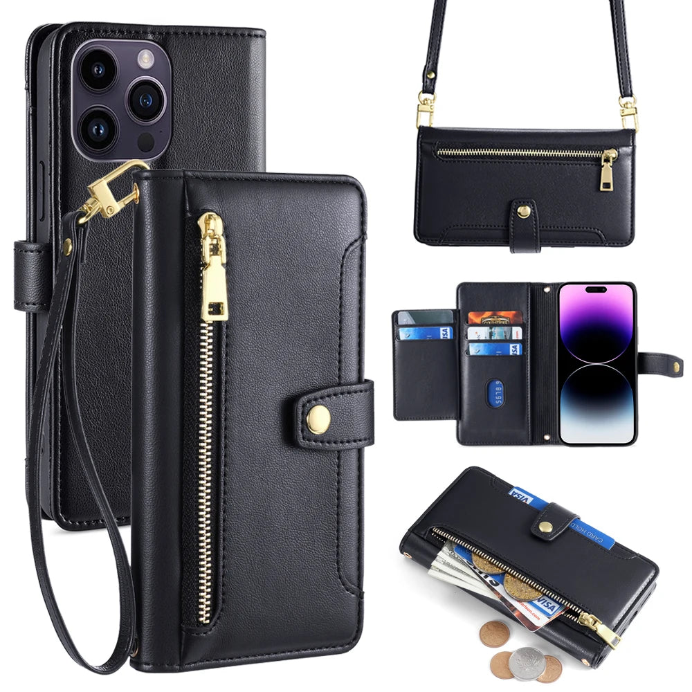 Ladies Card Slots Wallet Crossbody Phone Case for iPhone 15 14 13 12 11 Pro Max Cover with strap