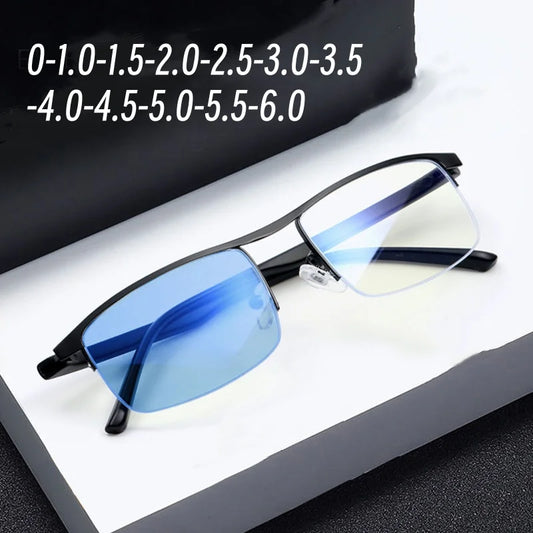 Men's Business Half Frame Photochromic Myopia Glasses Hight Definition Near Sight Eyewear Anti Blue Light Color Changing Glasses - Hiron Store