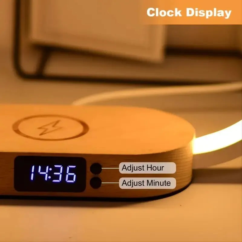 Wireless Charger Pad Stand Clock LED Desk Lamp Night Light USB Port Fast Charging Station Dock for iPhone Samsung