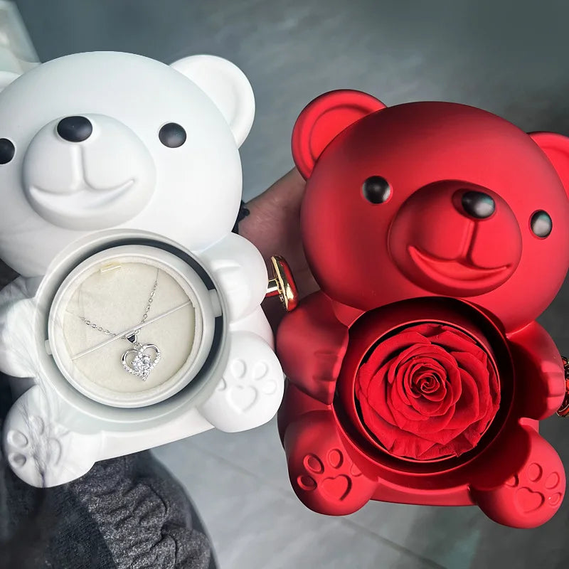 Eternal Rose Teddy Bear Gifts Box with Necklace Rotate Rose Jewelry Box