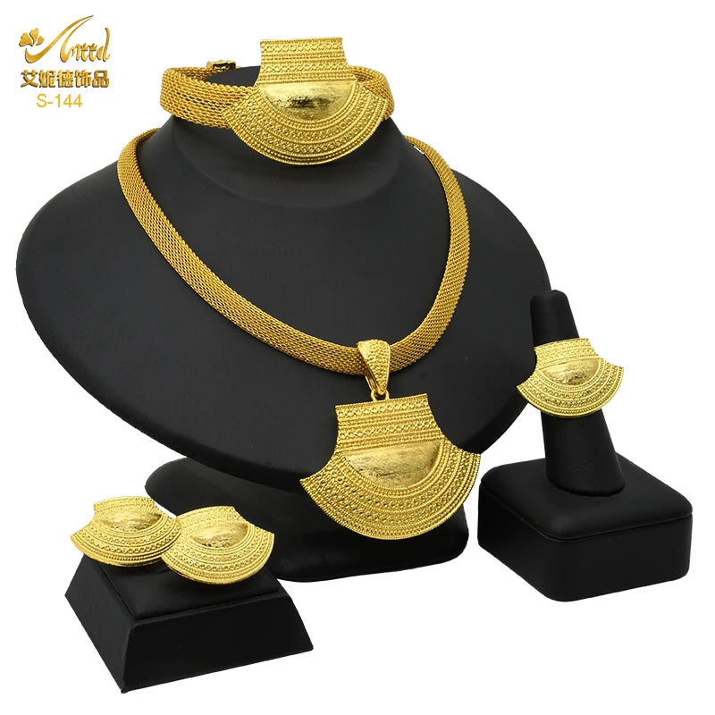 ANIID Dubai 24K Gold Color Jewelry Set For Women African Nigerian Necklace Set Earrings And Bracelets Bridal Indian Fashion