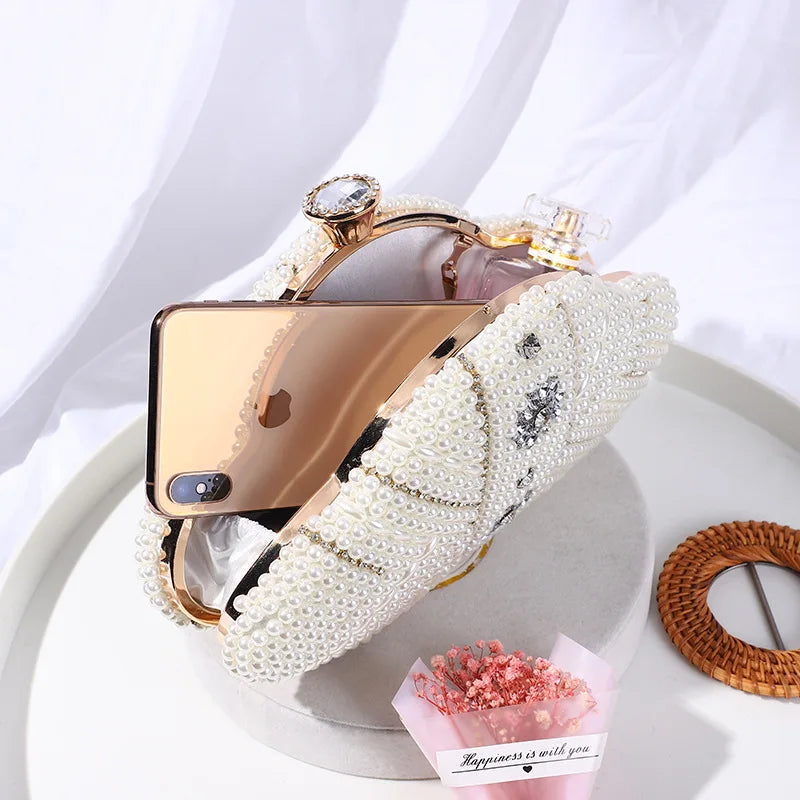 Handmade Bead Embroidery Pearl Rice Beads With Rhinestones Handbag Ladies