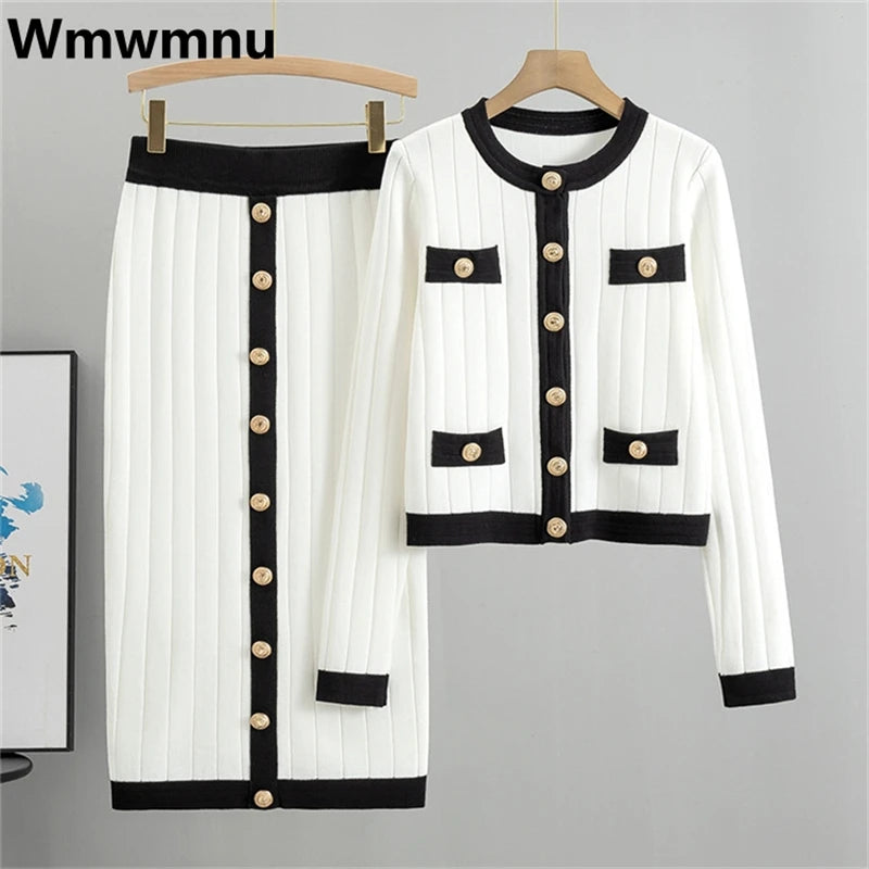 Women Skirts 2 Piece Sets Button Sweater Cardigan Suits