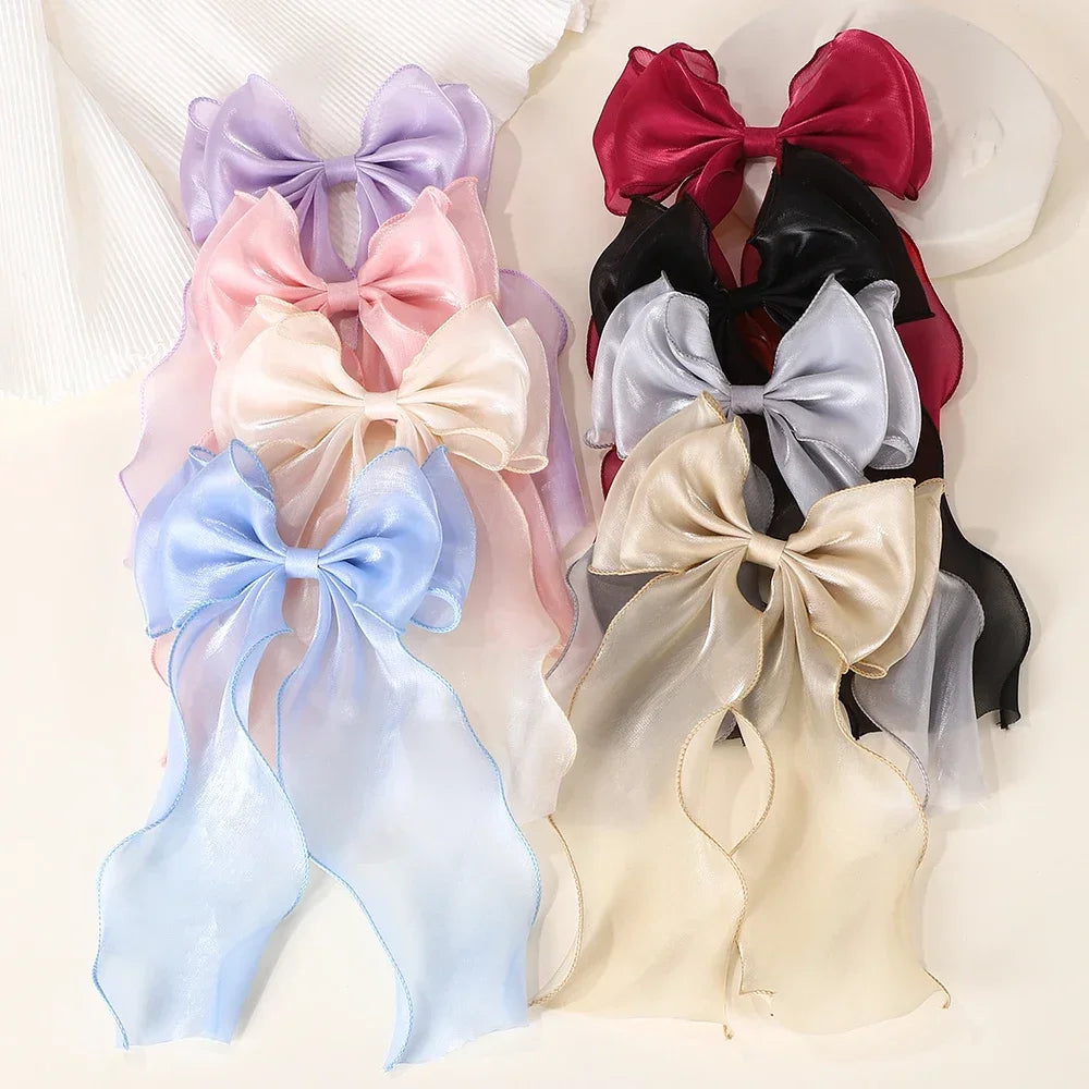 Girls Long Big Bow Float Satin Clips Elegant Back Head Hairclip Trendy Hair Accessories gifts