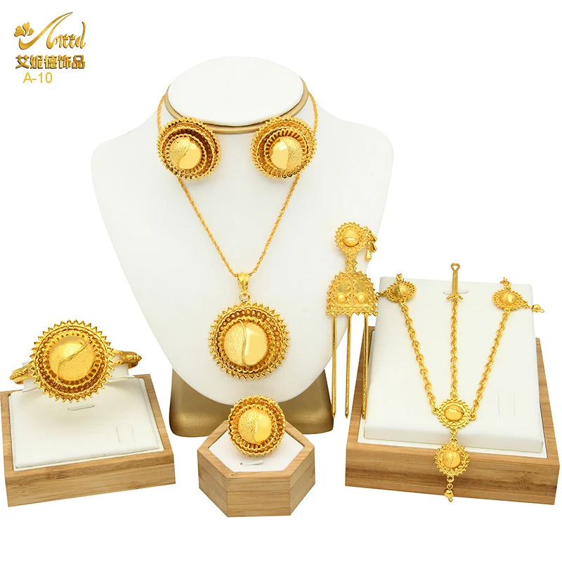 ANIID Ethiopian Gold Plated 6PCS Jewelry Set For Women Indian Red Crystal Luxury Jewellery Sets