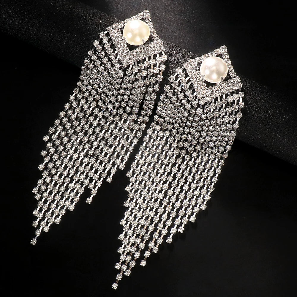 Pearl Long Tassel Earrings With Silver Needle Crystal Rhinestone Sparkling Party Accessories