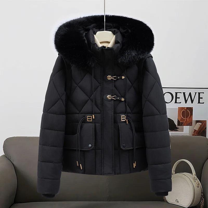 2026 New Women's down Cotton Jacket Short Thickened Large Fur Collar Loose Winter Coat
