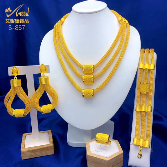 Dubai Ethiopian Multilayer Necklace And Earrings Sets For Women Indian Bridal 24k Gold Color Jewelry Set